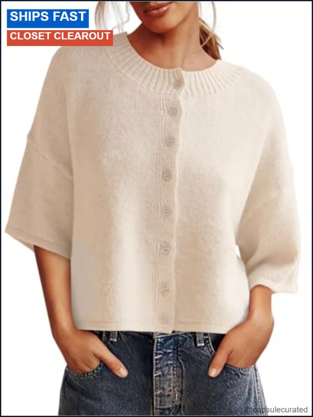Women's 3/4 Sleeve Knit Cardigan Button Down Cropped Crewneck